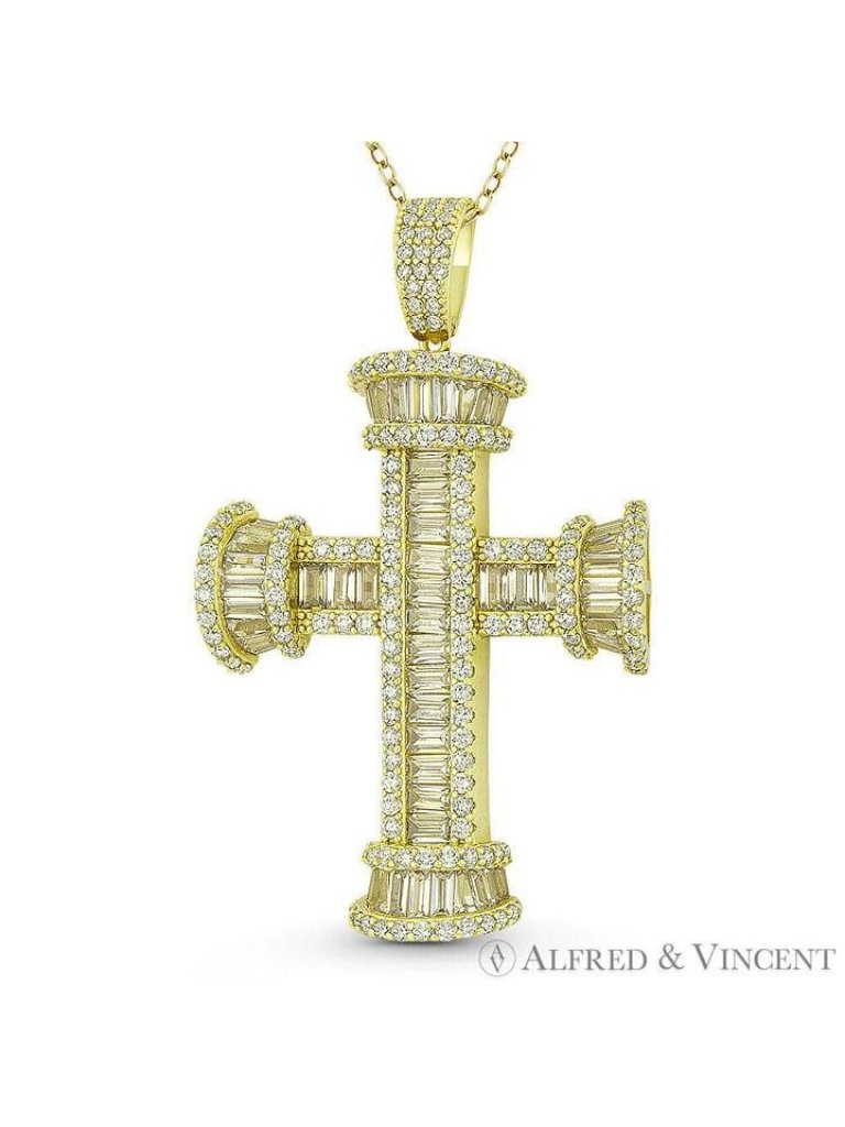 Large St. John's Cross Cz Crystal .925 Sterling Silver 14k Y Gold-Plated Pendant